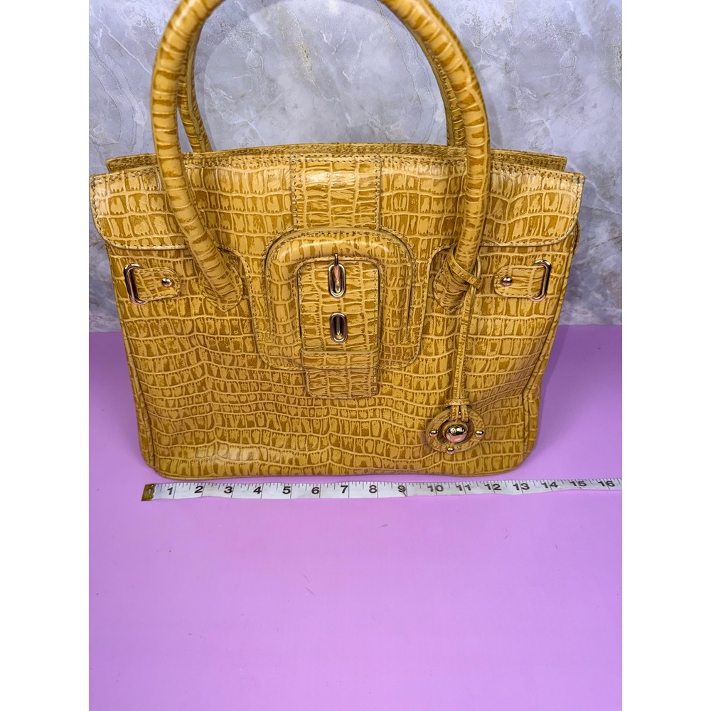 Da Milano Yellow Croc Embossed Genuine Leather Top Handle Satchel Y2K Mobwife - Picture 4 of 11